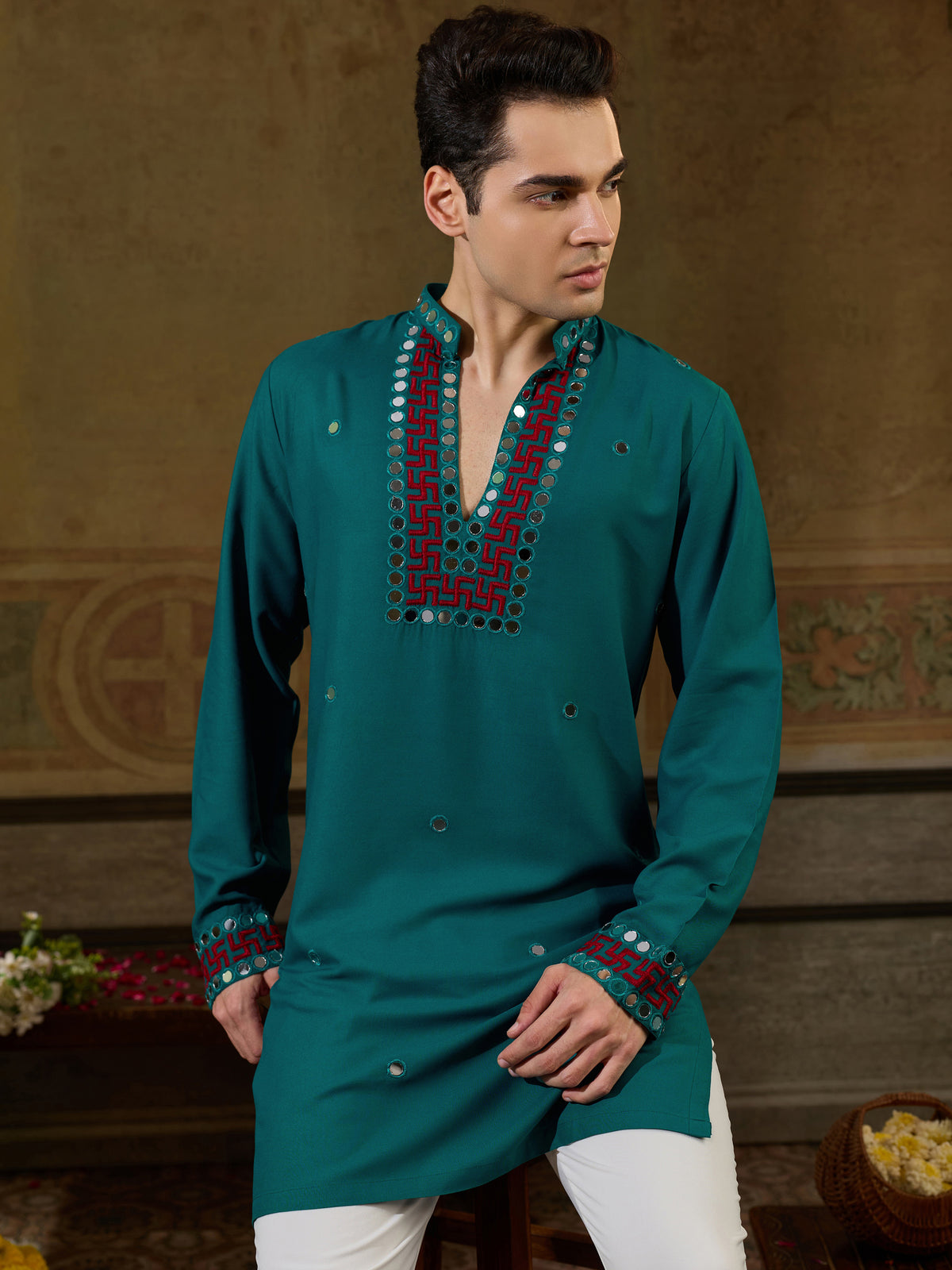Great Teal Green Thread Work Viscose Rayon Navratri Wear Men's Kurta