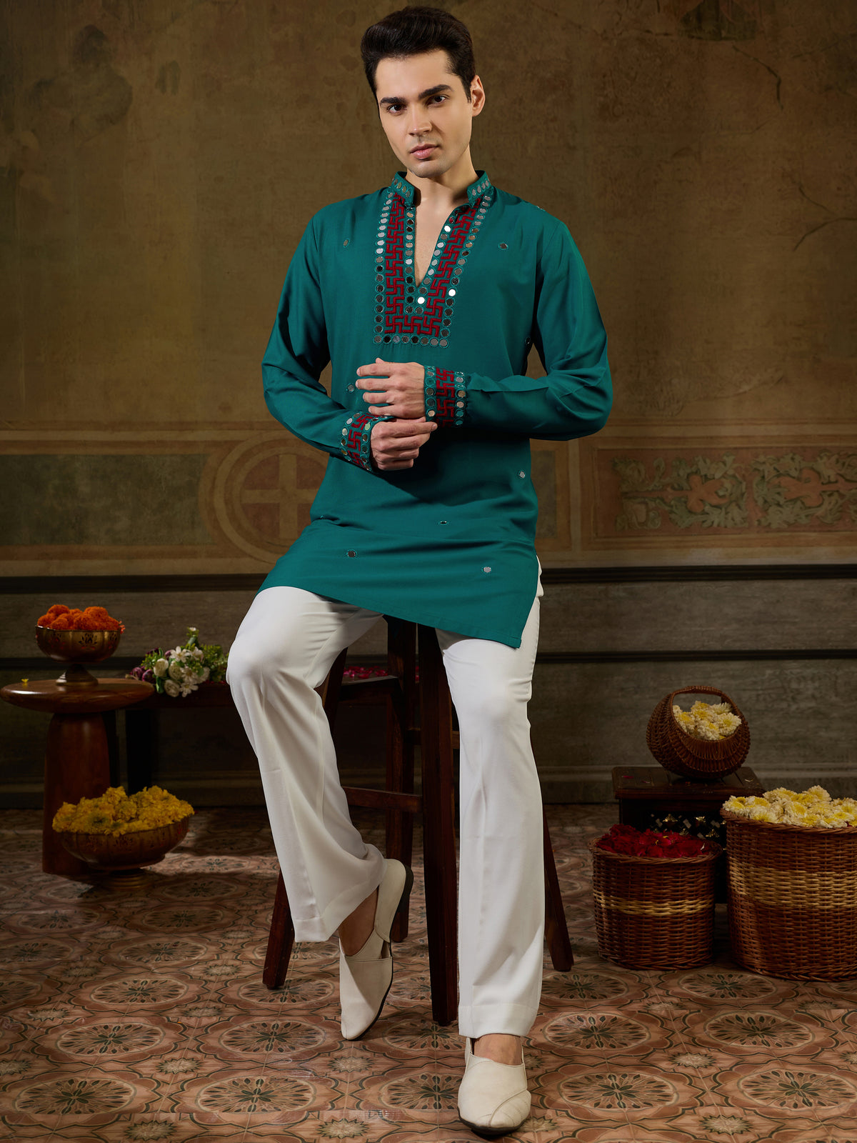 Great Teal Green Thread Work Viscose Rayon Navratri Wear Men's Kurta
