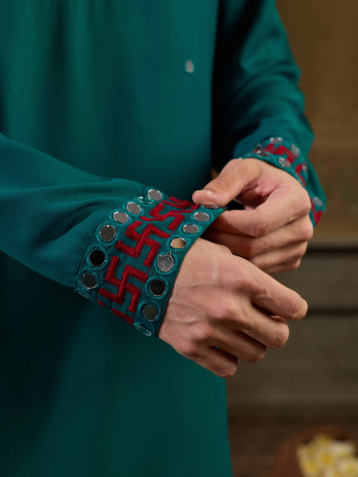 Great Teal Green Thread Work Viscose Rayon Navratri Wear Men's Kurta