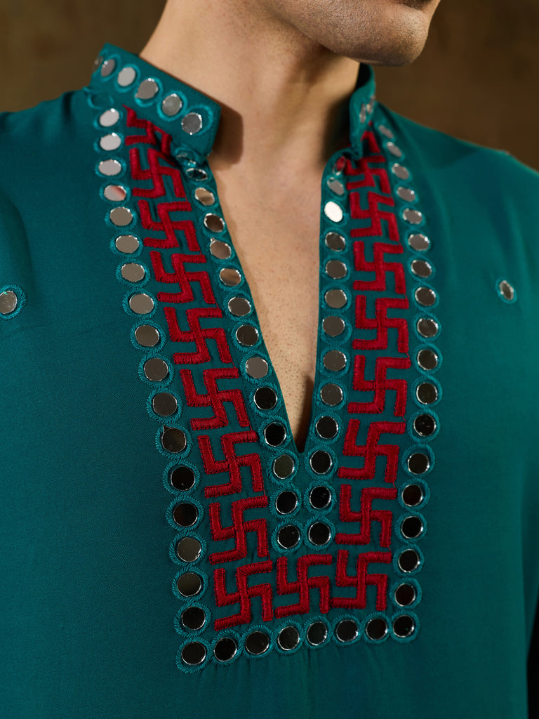 Great Teal Green Thread Work Viscose Rayon Navratri Wear Men's Kurta