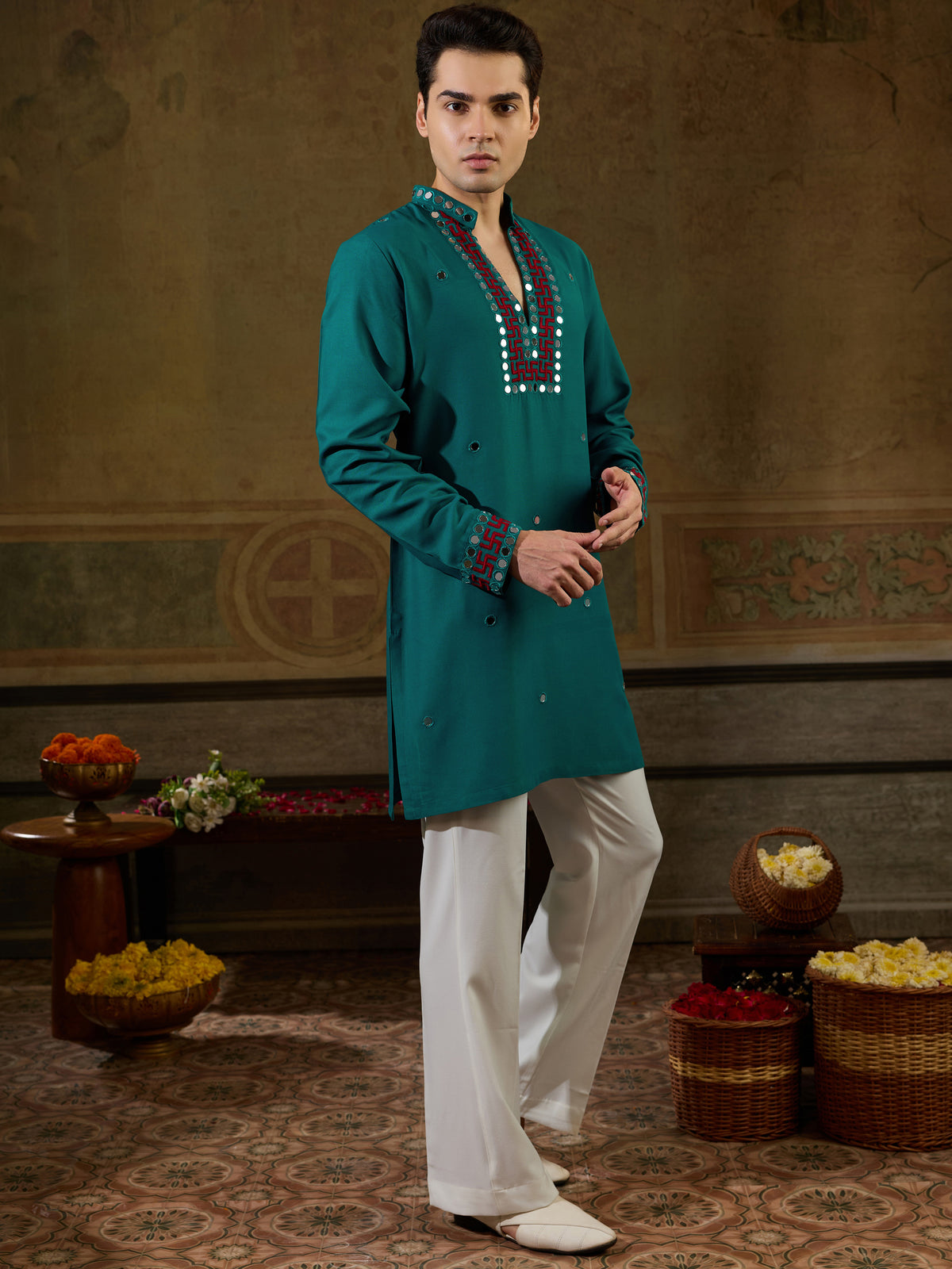 Great Teal Green Thread Work Viscose Rayon Navratri Wear Men's Kurta