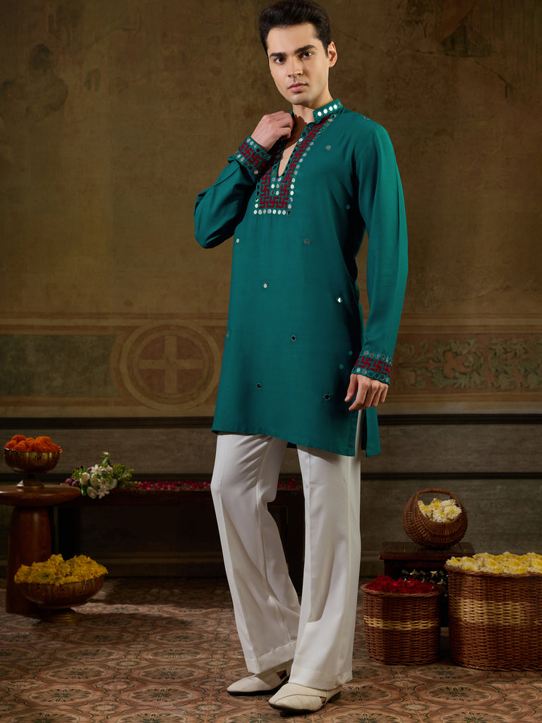 Great Teal Green Thread Work Viscose Rayon Navratri Wear Men's Kurta