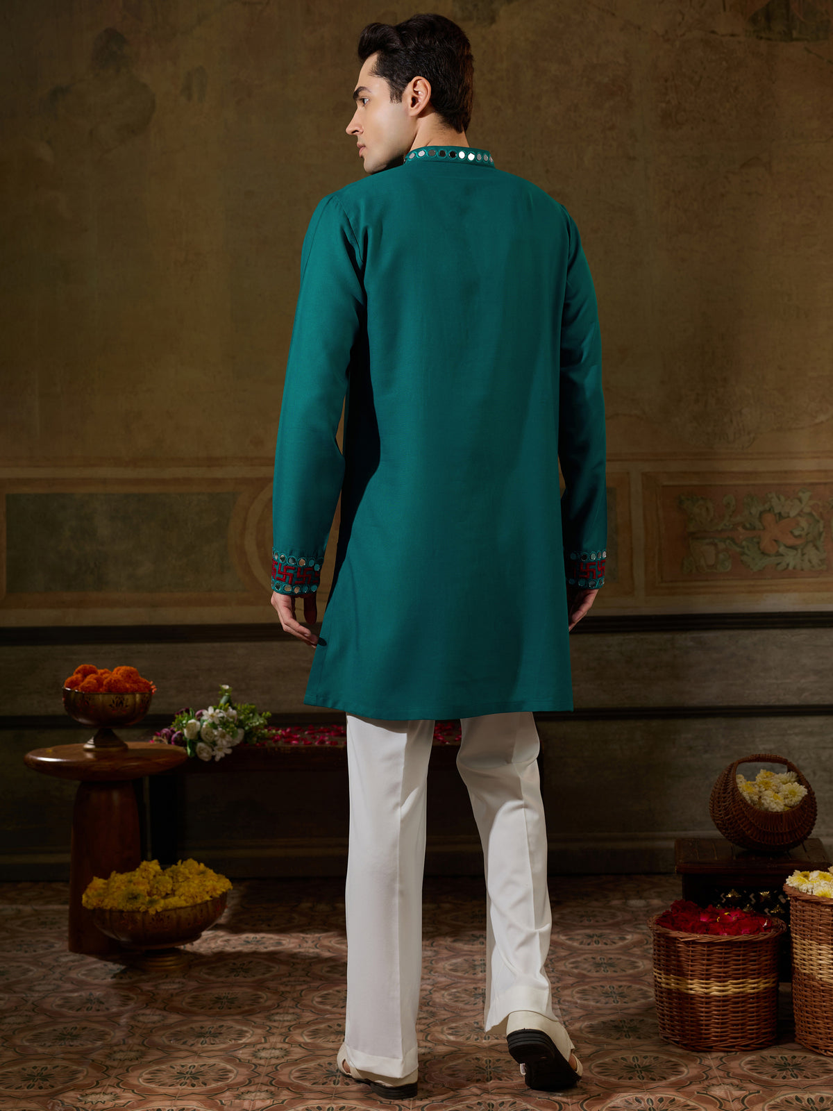 Great Teal Green Thread Work Viscose Rayon Navratri Wear Men's Kurta