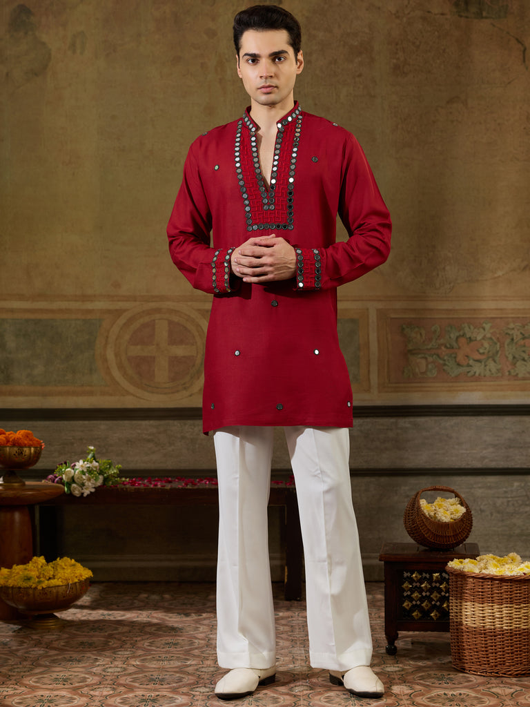 Lovable Red  Mirror Work Viscose Rayon Navratri Special Men's Kurta