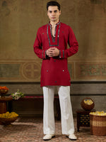Lovable Red  Mirror Work Viscose Rayon Navratri Special Men's Kurta
