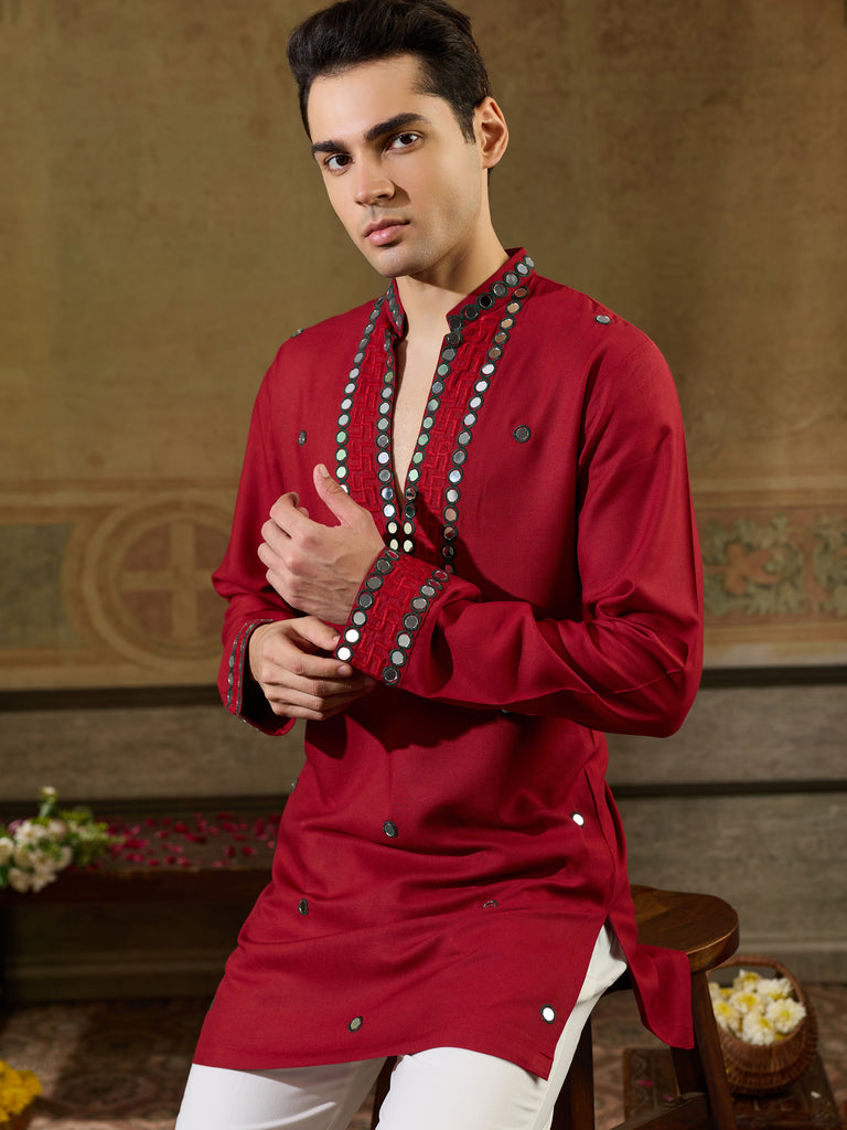 Lovable Red  Mirror Work Viscose Rayon Navratri Special Men's Kurta