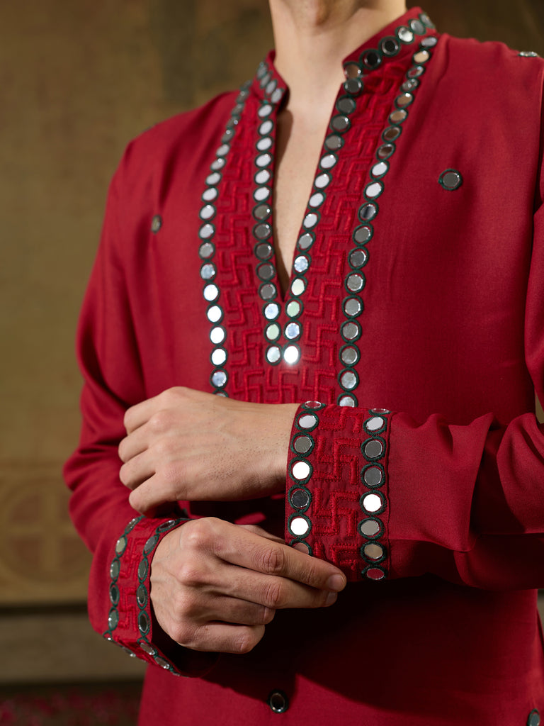 Lovable Red  Mirror Work Viscose Rayon Navratri Special Men's Kurta