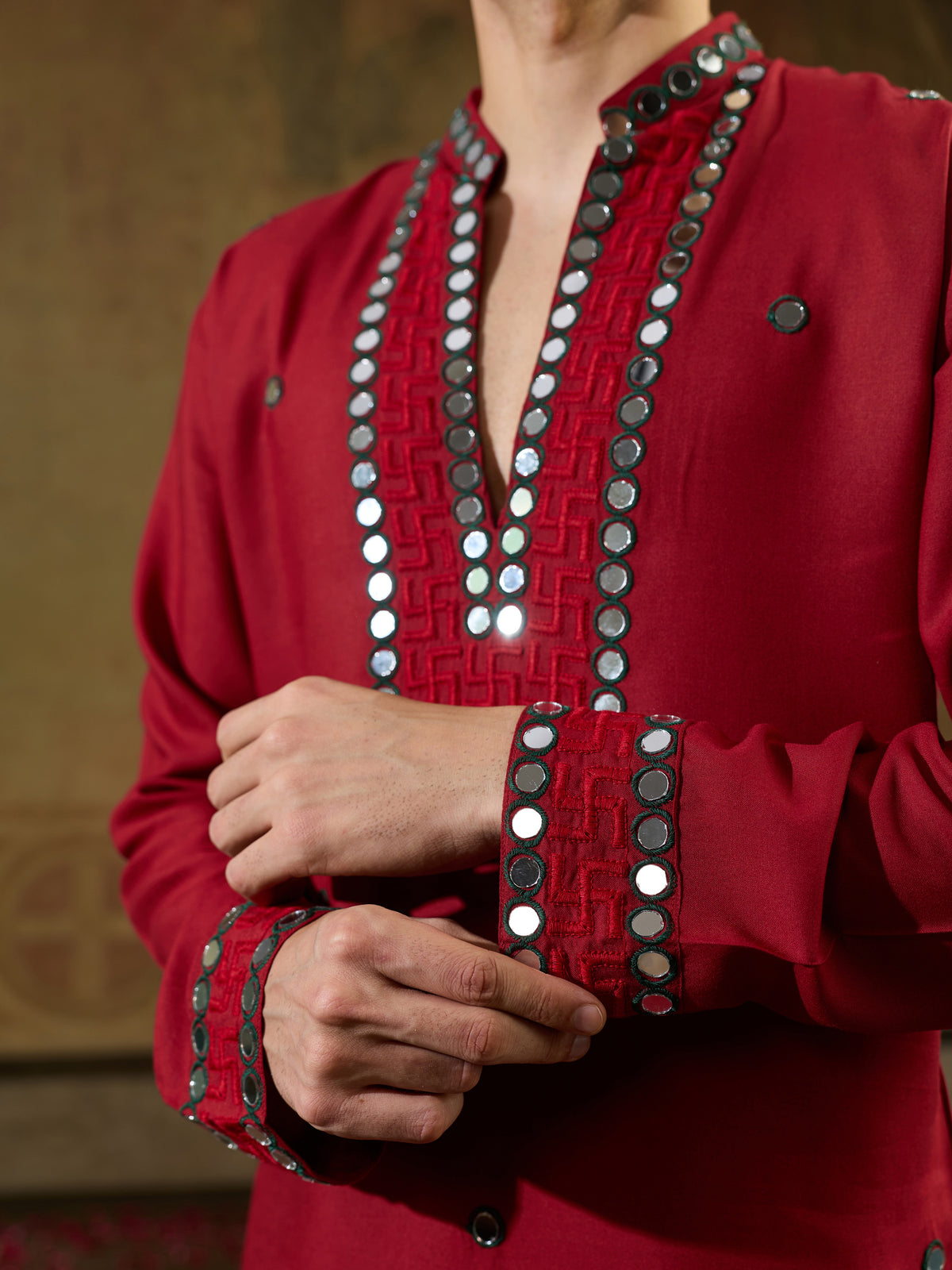 Lovable Red  Mirror Work Viscose Rayon Navratri Special Men's Kurta