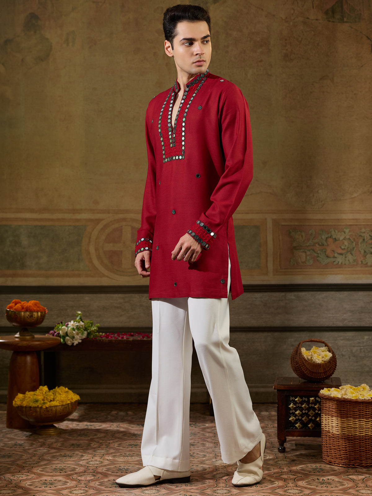Lovable Red  Mirror Work Viscose Rayon Navratri Special Men's Kurta