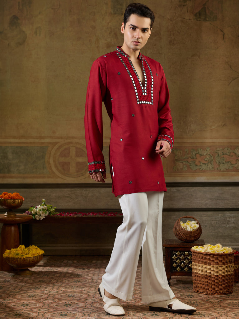 Lovable Red  Mirror Work Viscose Rayon Navratri Special Men's Kurta