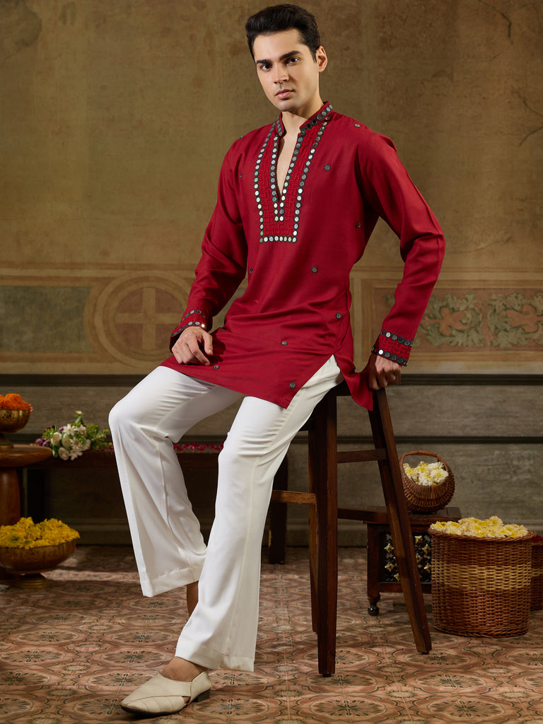 Lovable Red  Mirror Work Viscose Rayon Navratri Special Men's Kurta