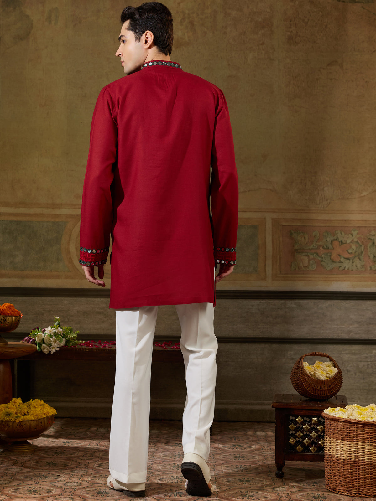 Lovable Red  Mirror Work Viscose Rayon Navratri Special Men's Kurta