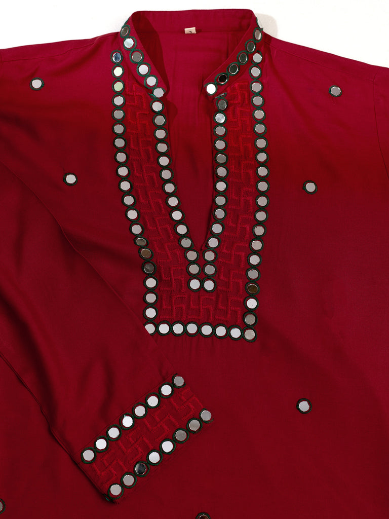 Lovable Red  Mirror Work Viscose Rayon Navratri Special Men's Kurta