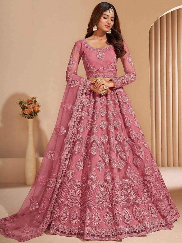 Unique Pink Heavy Embroidered Net Wedding Wear Lehenga Choli