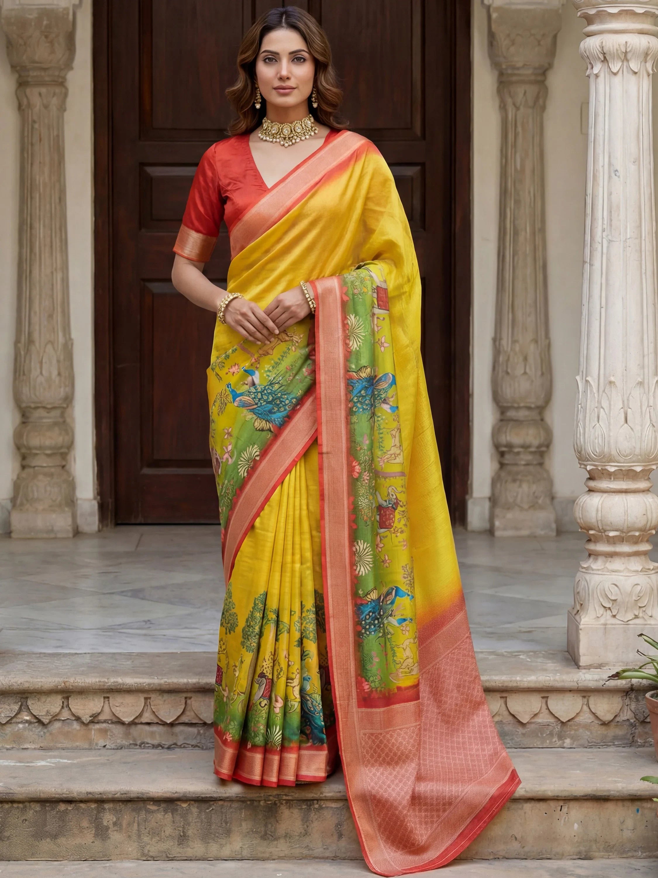 Alluring Mustard Pichwai Printed Silk Haldi Wear Saree With Blouse