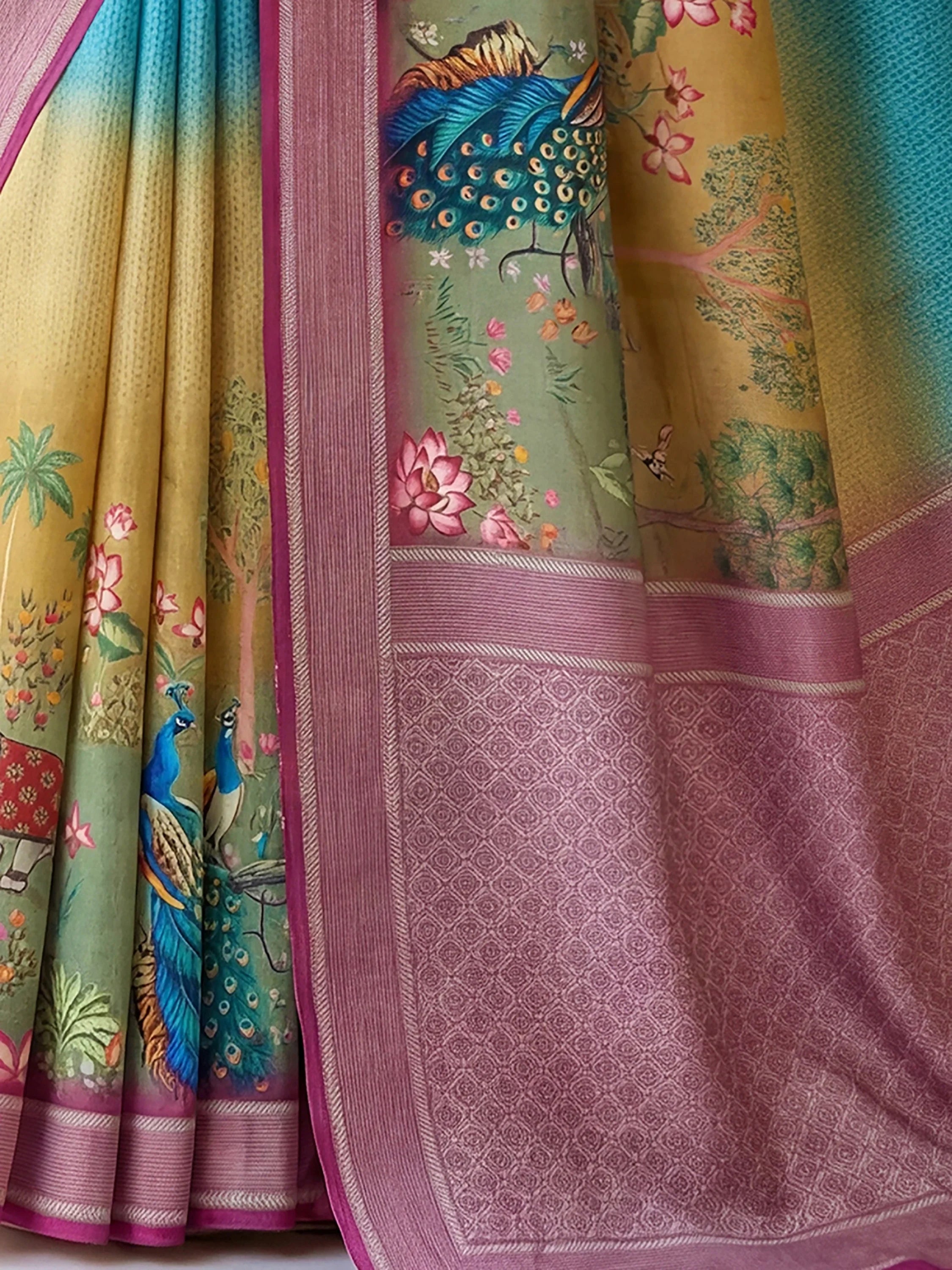 Amazing Blue And Yellow Printed Silk Festival Wear Saree With Blouse