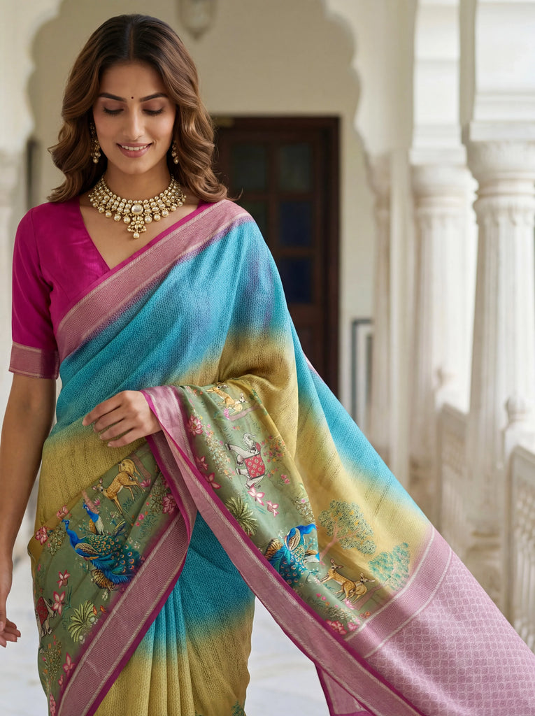 Amazing Blue And Yellow Printed Silk Festival Wear Saree With Blouse