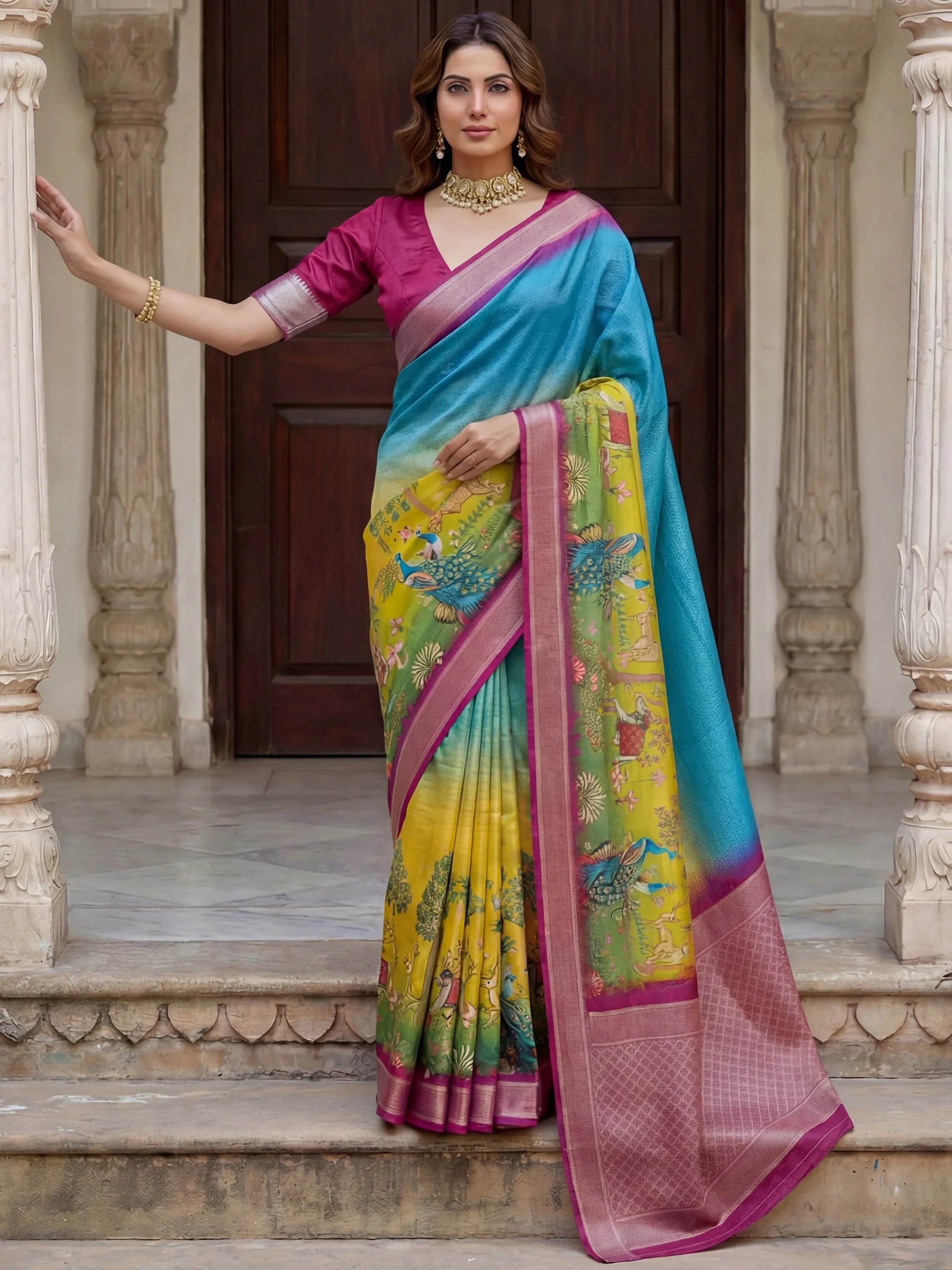 Amazing Blue And Yellow Printed Silk Festival Wear Saree With Blouse
