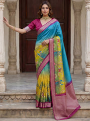 Amazing Blue And Yellow Printed Silk Festival Wear Saree With Blouse