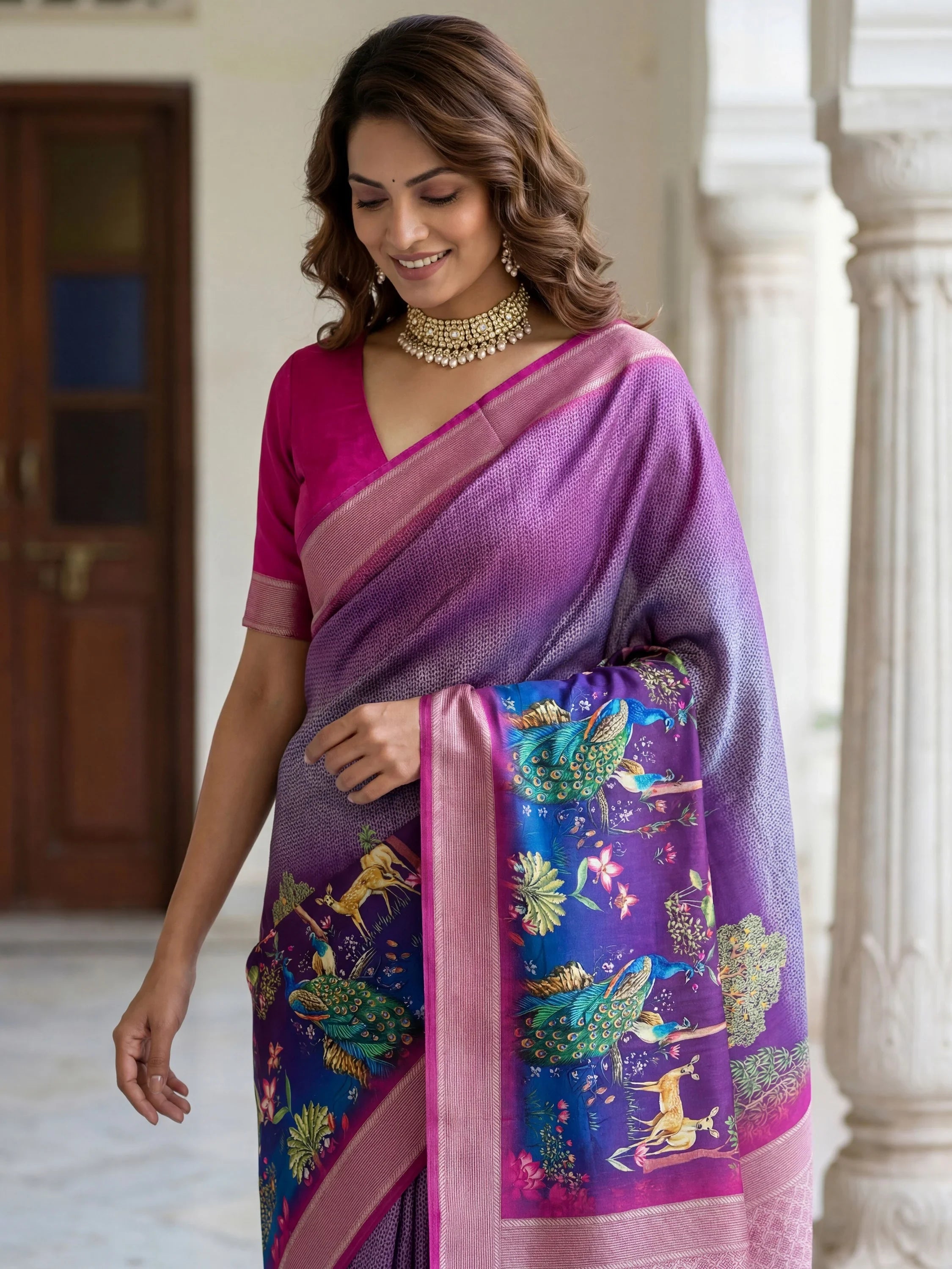 Beautiful Purple Printed Silk Function Wear Saree With Blouse