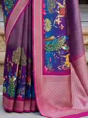 Beautiful Purple Printed Silk Function Wear Saree With Blouse