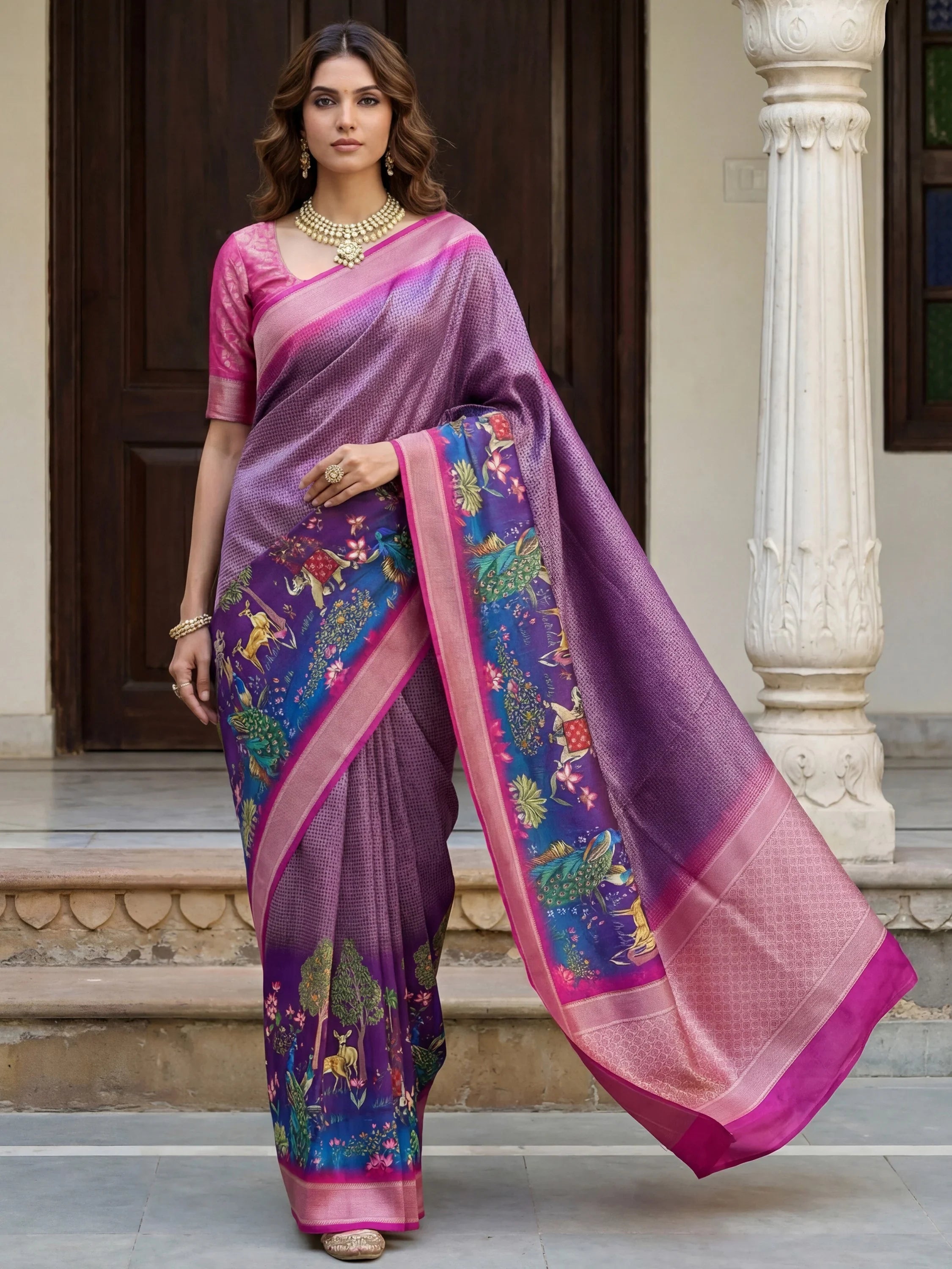 Beautiful Purple Printed Silk Function Wear Saree With Blouse