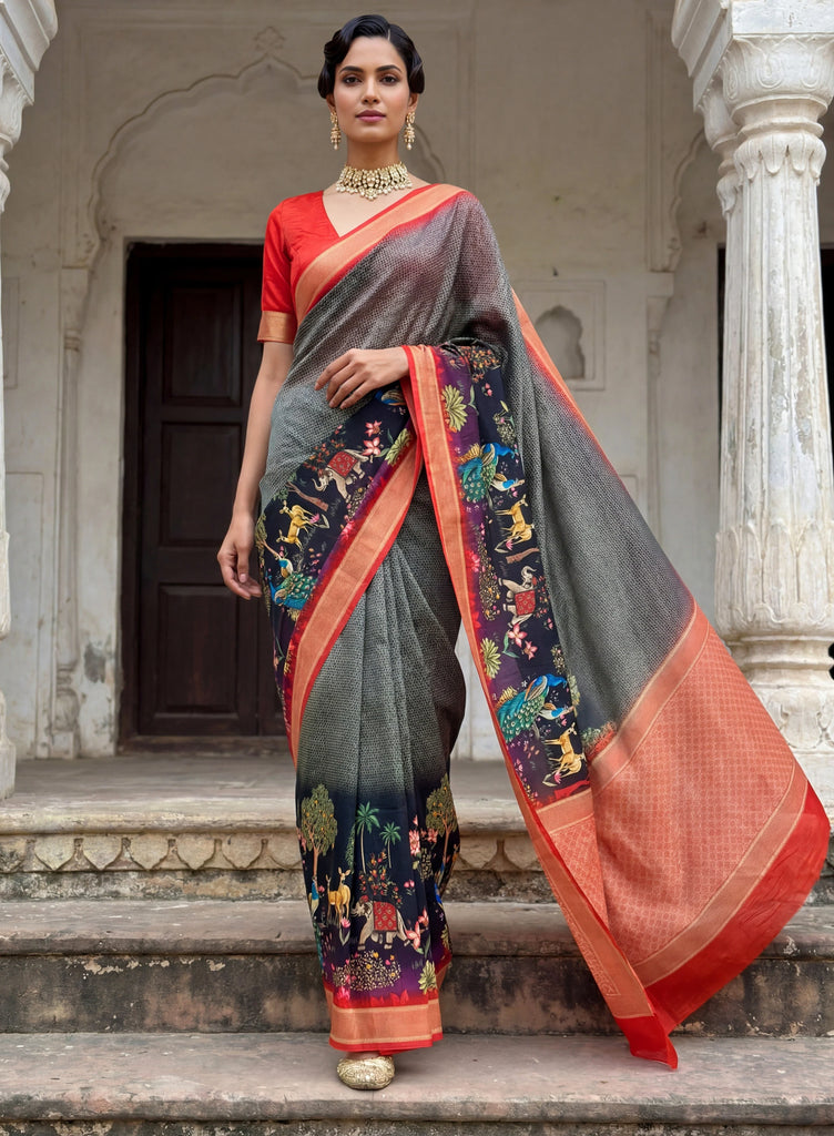 Adorable Grey Pichwai Printed Silk Wedding Wear Saree With Blouse