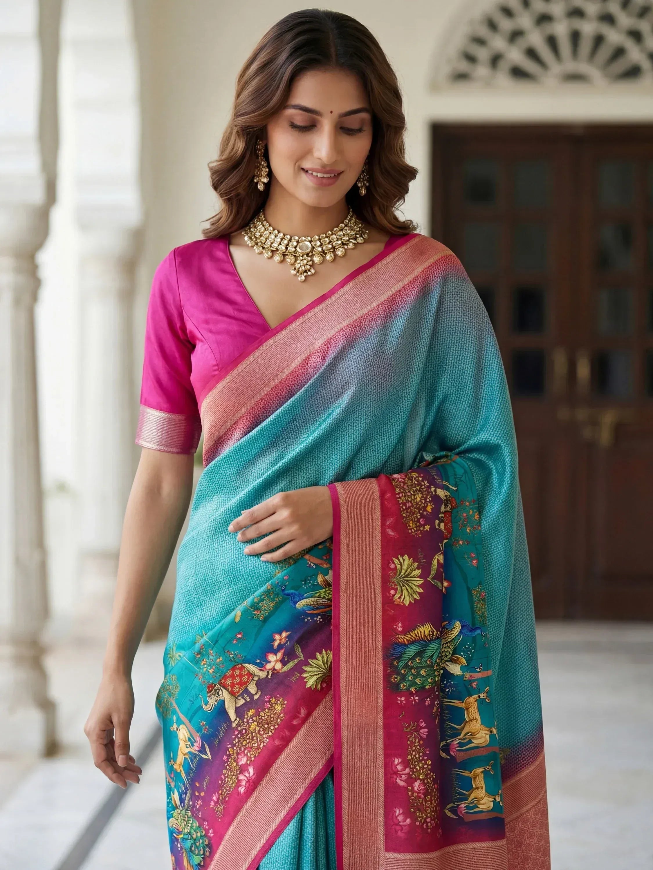 Wonderful Blue Pichwai Printed Silk Festival Wear Saree With Blouse
