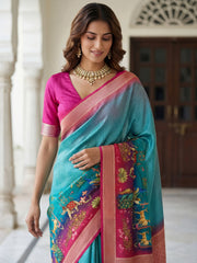 Wonderful Blue Pichwai Printed Silk Festival Wear Saree With Blouse