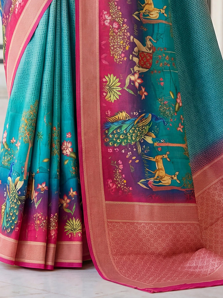 Wonderful Blue Pichwai Printed Silk Festival Wear Saree With Blouse