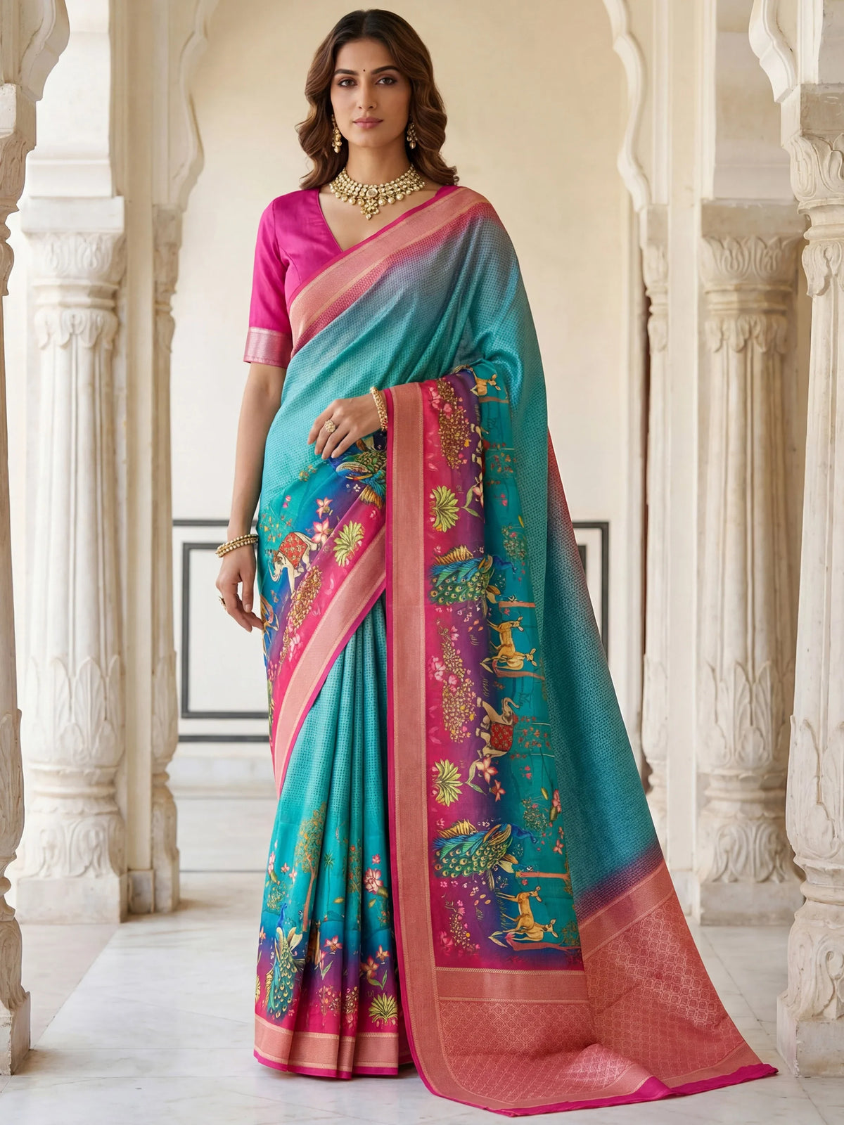 Wonderful Blue Pichwai Printed Silk Festival Wear Saree With Blouse