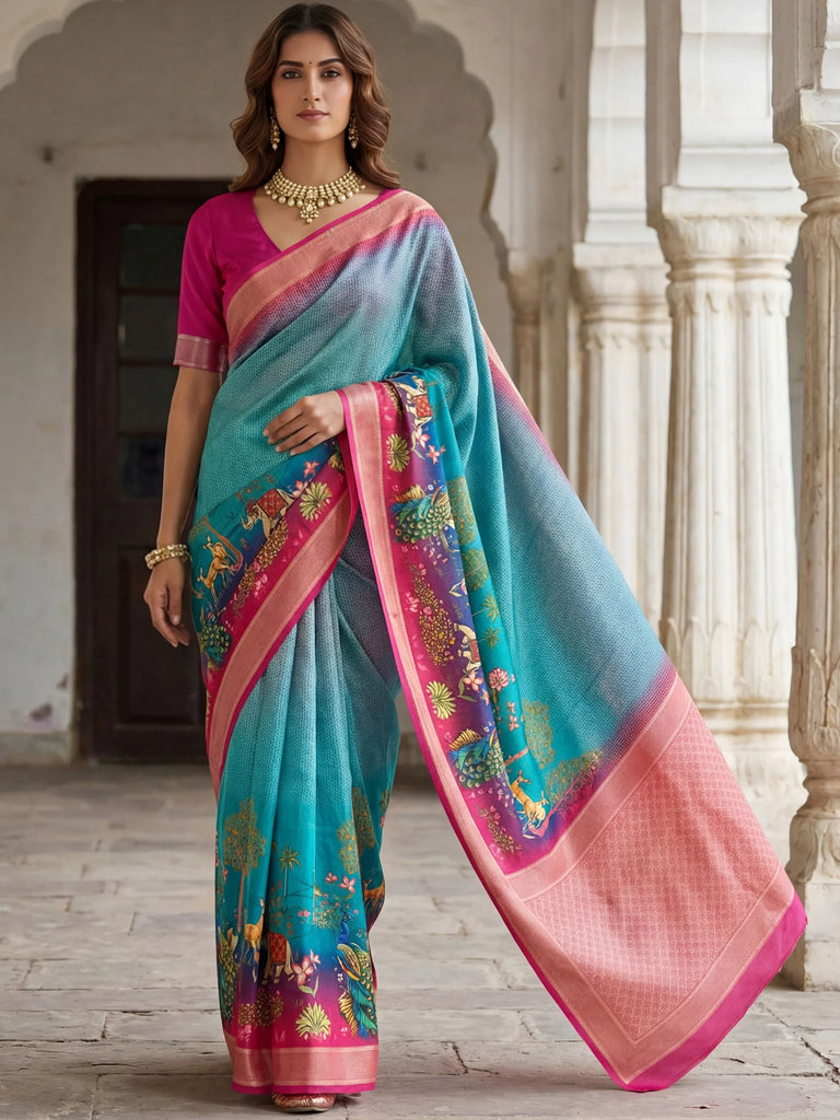 Wonderful Blue Pichwai Printed Silk Festival Wear Saree With Blouse