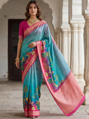 Wonderful Blue Pichwai Printed Silk Festival Wear Saree With Blouse