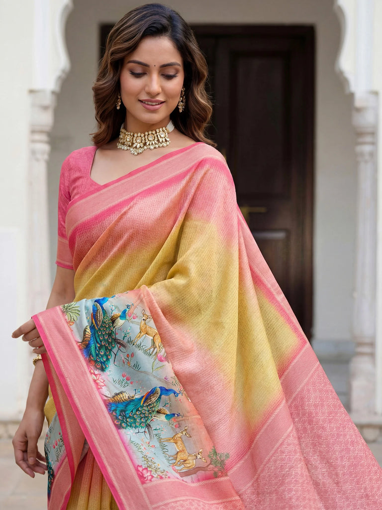 Incredible Yellow Pichwai Printed Silk Haldi Wear Saree With Blouse