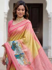 Incredible Yellow Pichwai Printed Silk Haldi Wear Saree With Blouse