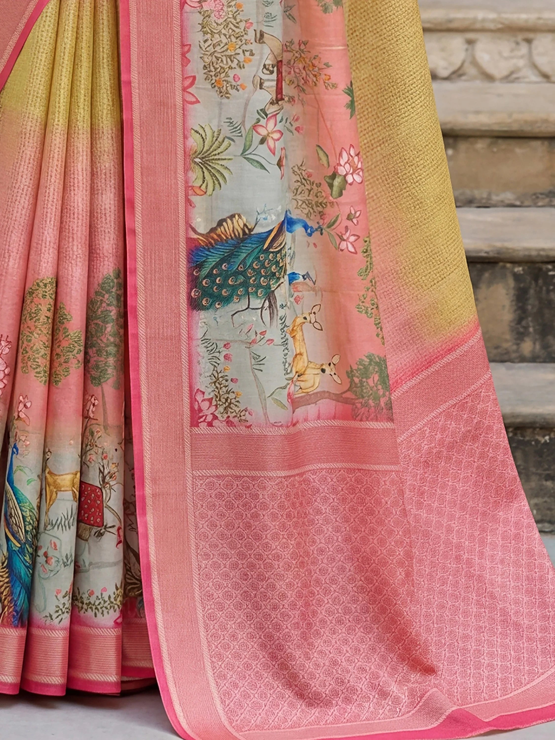 Incredible Yellow Pichwai Printed Silk Haldi Wear Saree With Blouse