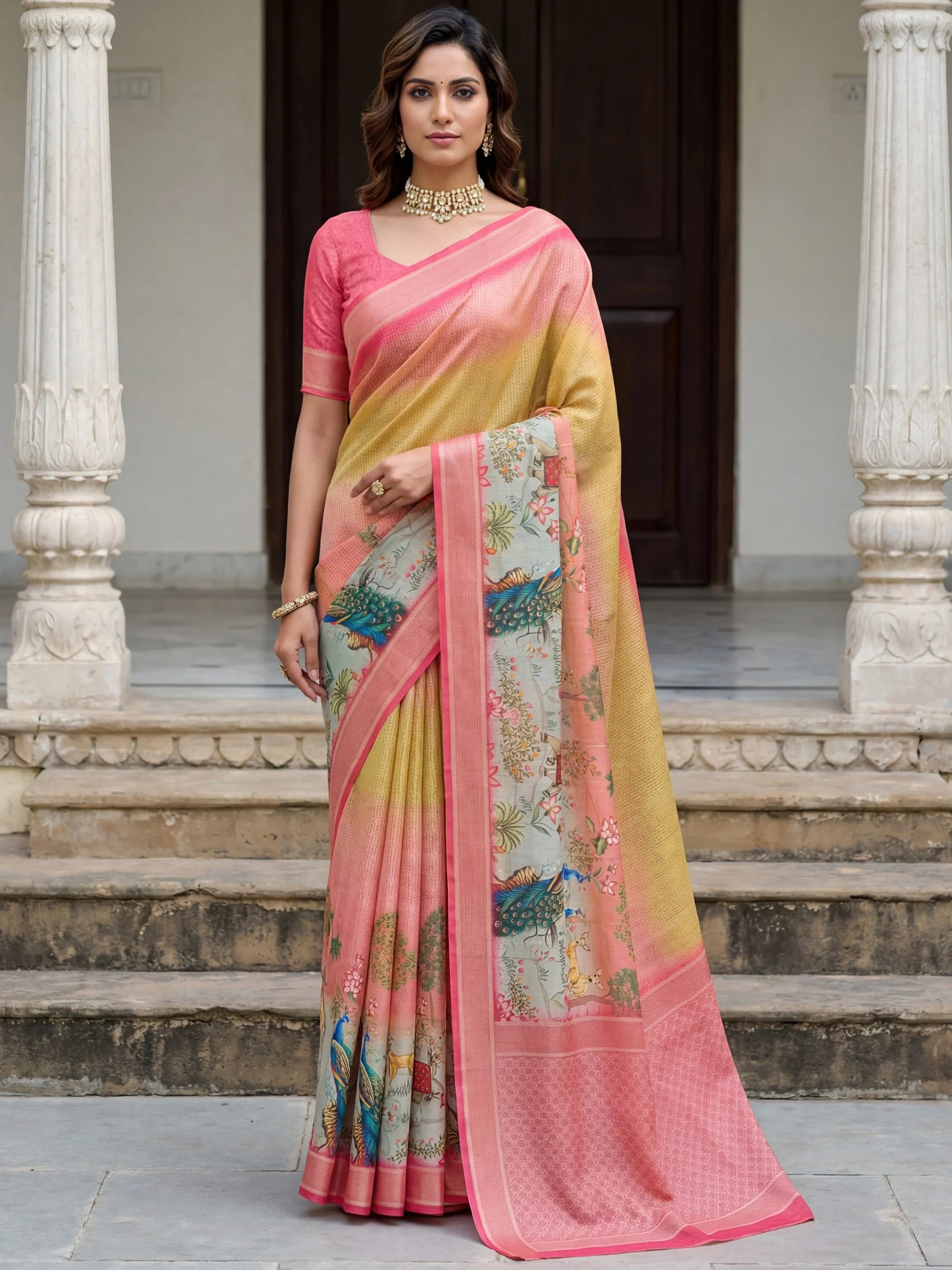 Incredible Yellow Pichwai Printed Silk Haldi Wear Saree With Blouse