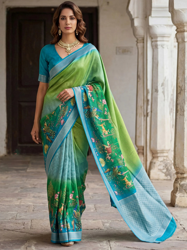 Outstanding Green Pichwai Printed Silk Function Wear Saree With Blouse