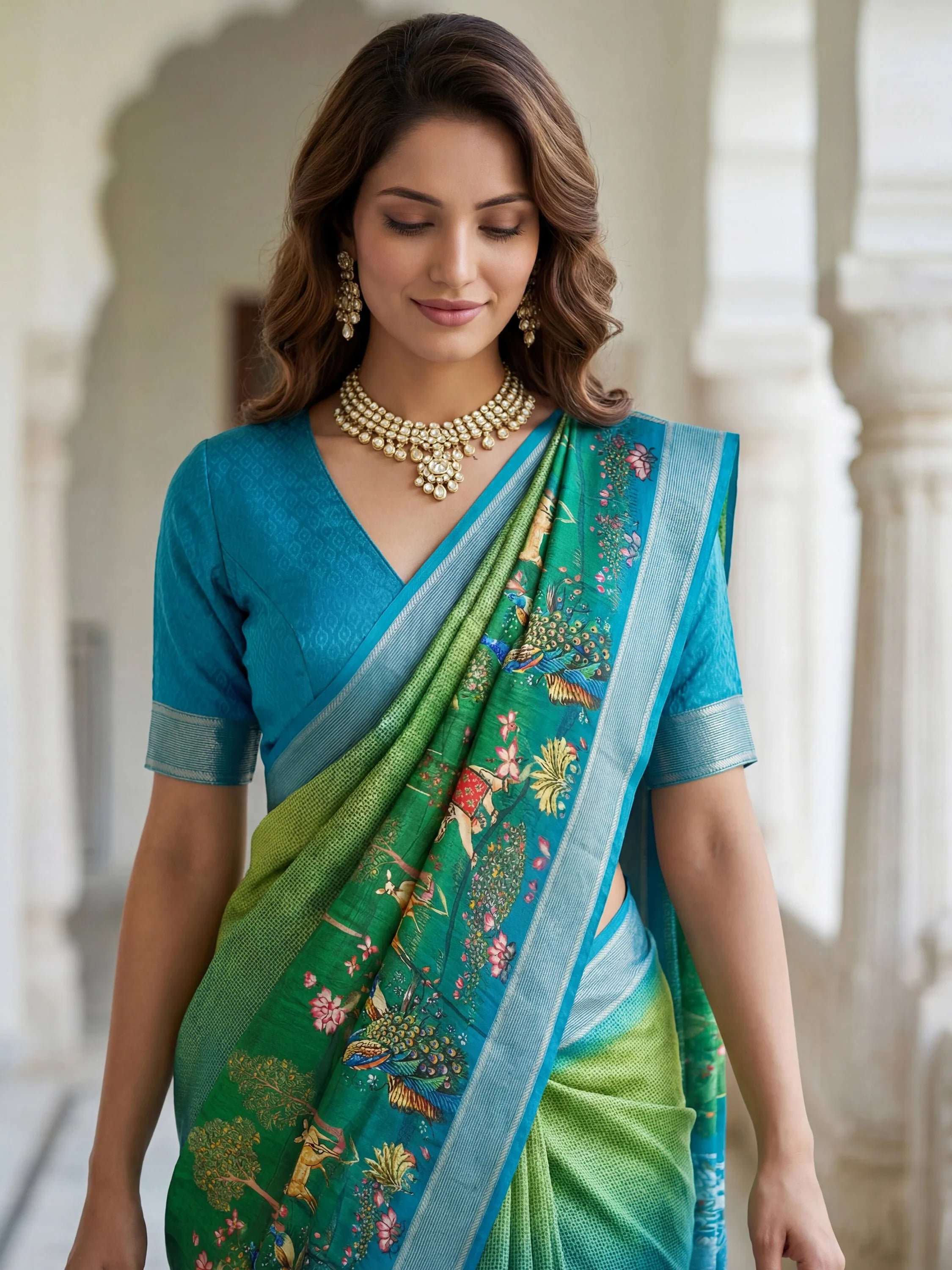 Outstanding Green Pichwai Printed Silk Function Wear Saree With Blouse