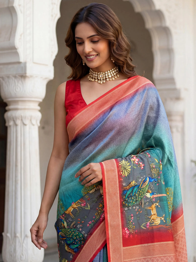 Great Multi Colour Pichwai Printed Silk Festival Wear Saree With Blouse
