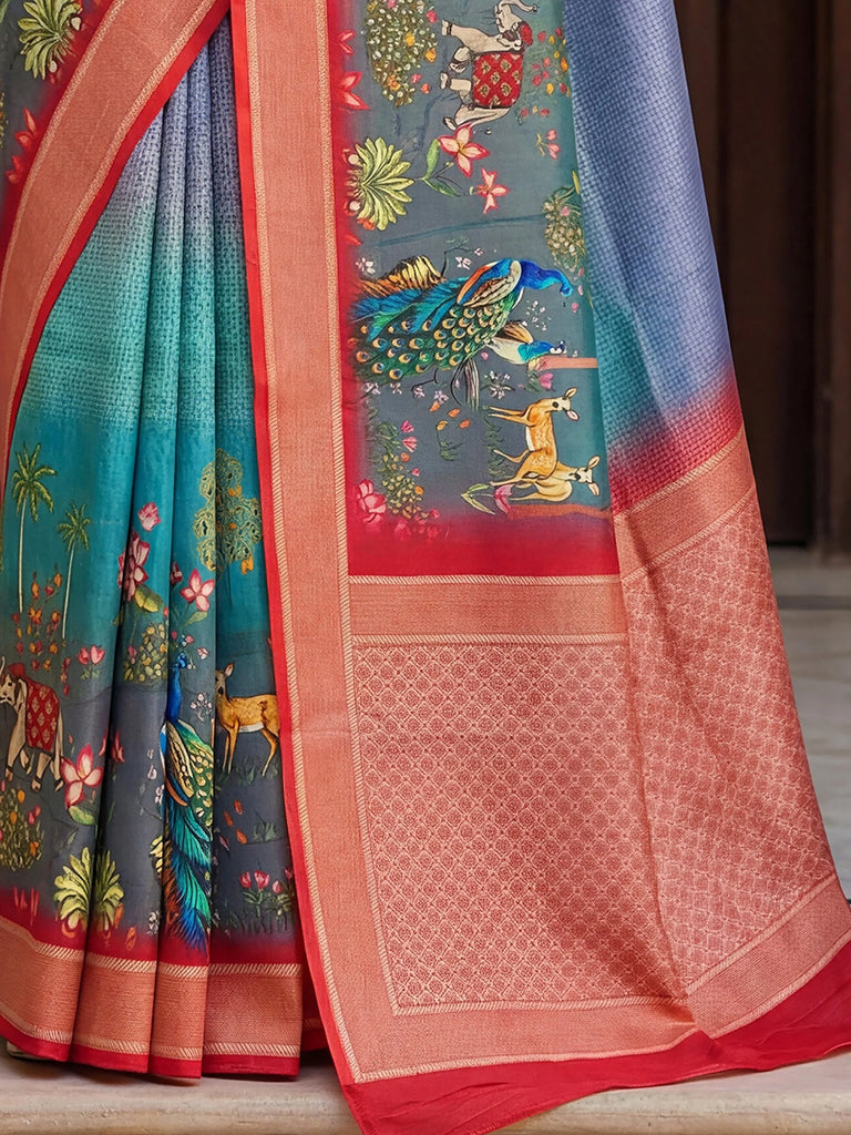 Great Multi Colour Pichwai Printed Silk Festival Wear Saree With Blouse