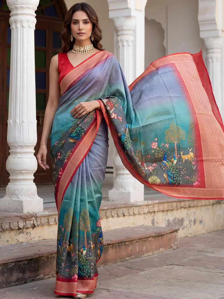 Great Multi Colour Pichwai Printed Silk Festival Wear Saree With Blouse
