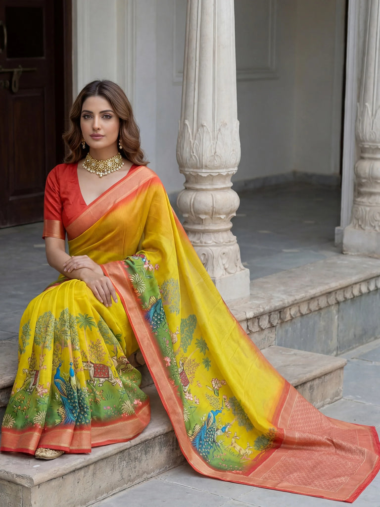 Alluring Mustard Pichwai Printed Silk Haldi Wear Saree With Blouse
