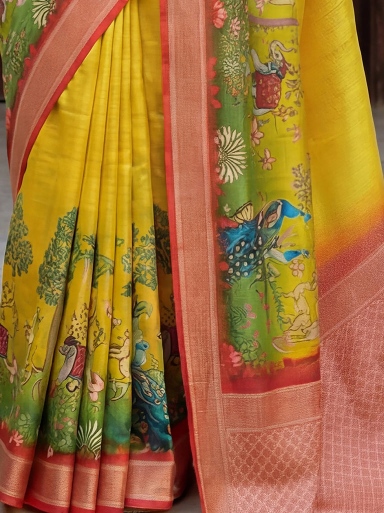 Alluring Mustard Pichwai Printed Silk Haldi Wear Saree With Blouse