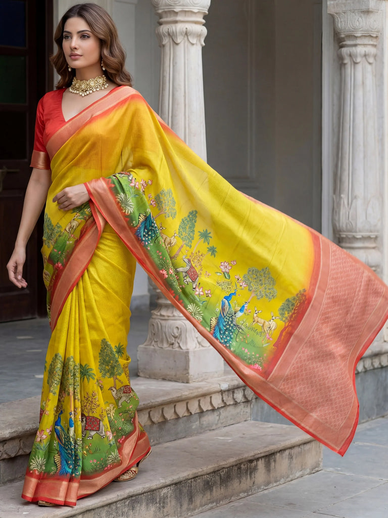 Alluring Mustard Pichwai Printed Silk Haldi Wear Saree With Blouse