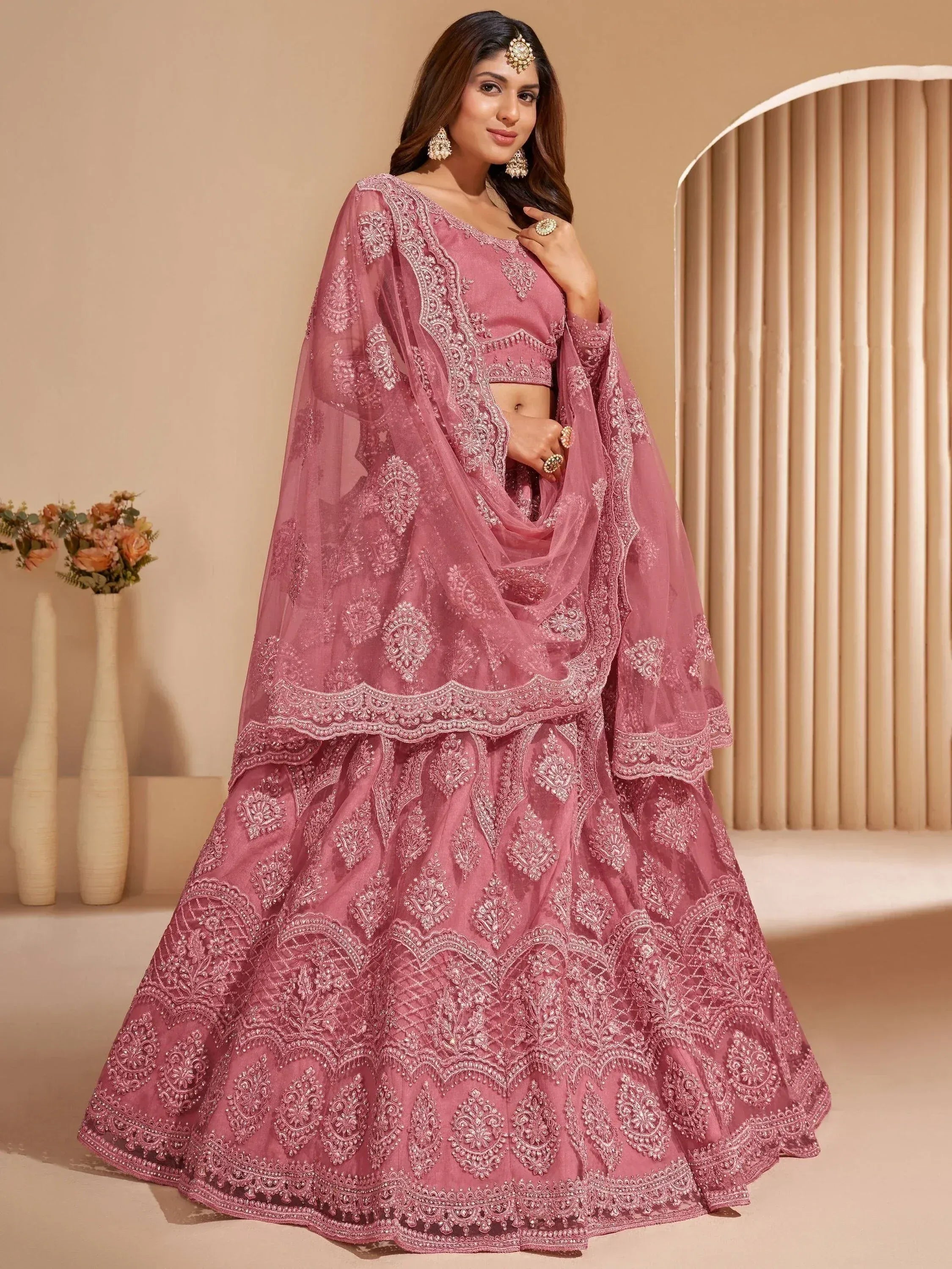 Pink embroidered lehenga choli with net dupatta, Indian ethnic wear for weddings and festivals