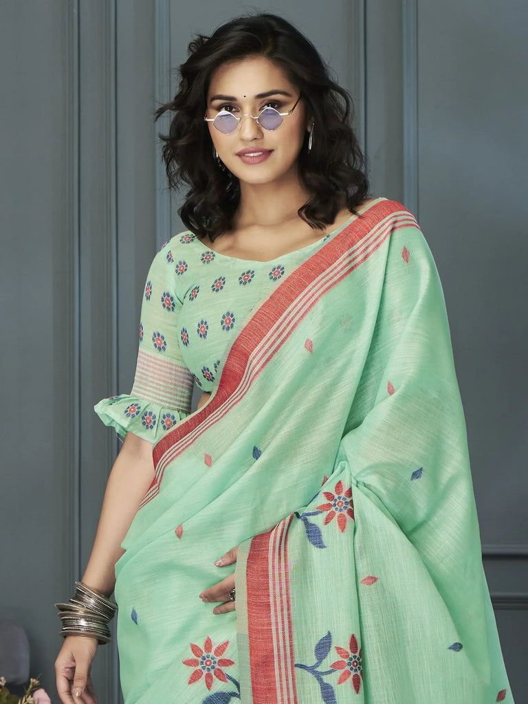 Lovely Sea Green Floral Printed Linen Casual Wear Saree With Blouse