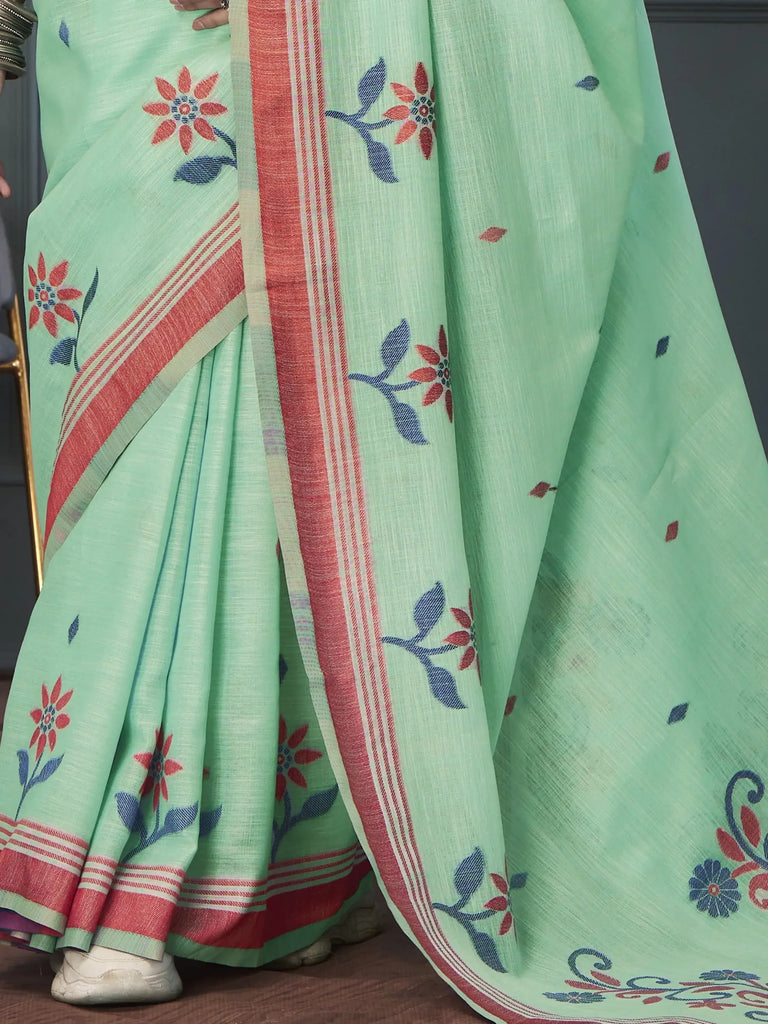 Lovely Sea Green Floral Printed Linen Casual Wear Saree With Blouse