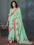 Lovely Sea Green Floral Printed Linen Casual Wear Saree With Blouse