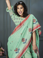 Lovely Sea Green Floral Printed Linen Casual Wear Saree With Blouse